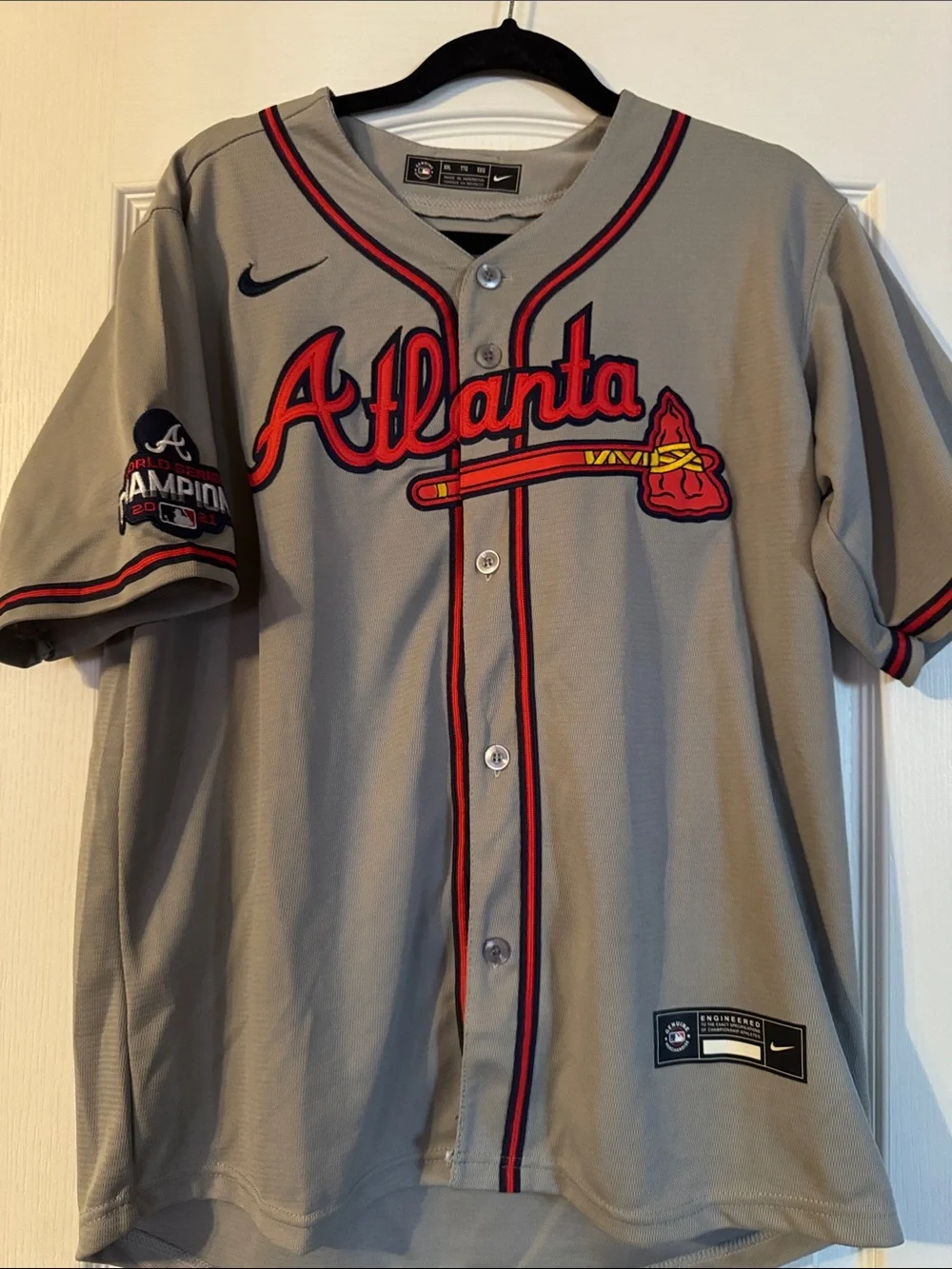 Nike Gray Atlanta Kids Baseball Jersey with Red and Black Trim